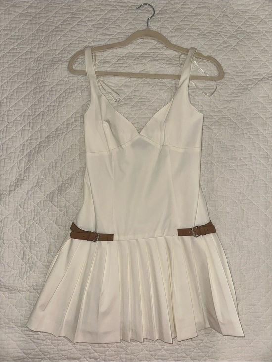 Zara Dresses & Skirts - Zara White Pleated Mini Dress with Brown Belt Detail